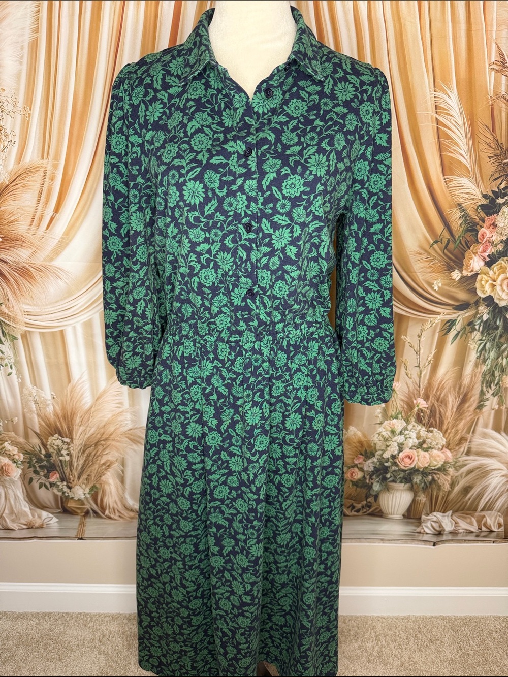 Joules Navy Dress with Green Floral Print Long Sleeve